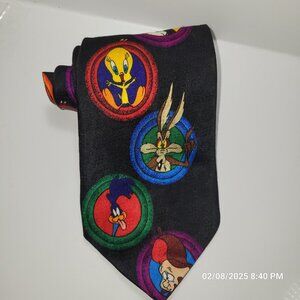 Looney Tunes Tie '93 Tasmanian Devil Tweety Bird Porky Pig Sylvester Cat Black